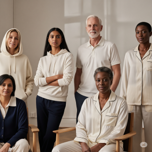 A diverse group of people in a bright, modern room, comfortably dressed in timeless unisex clothing like hoodies and polo shirts, exuding a sense of relaxed confidence.