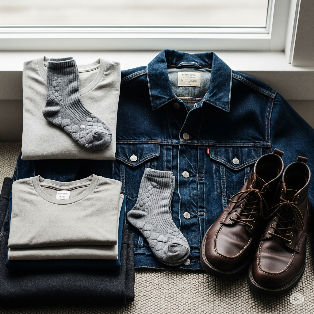 Jinyue Fengchao apparel: folded shirts, socks, denim jacket, and leather boots showcasing comfort and style.