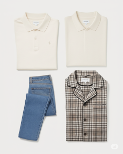 A neatly arranged collection of unisex capsule wardrobe items on a light background, including two polo shirts, a pair of jeans, and plaid pajamas.
