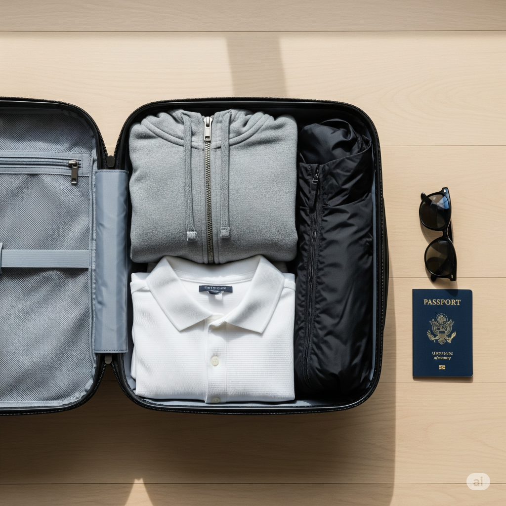 An open suitcase on a wooden floor, neatly packed with a minimalist travel capsule wardrobe including a hoodie, polo shirt, and jacket.