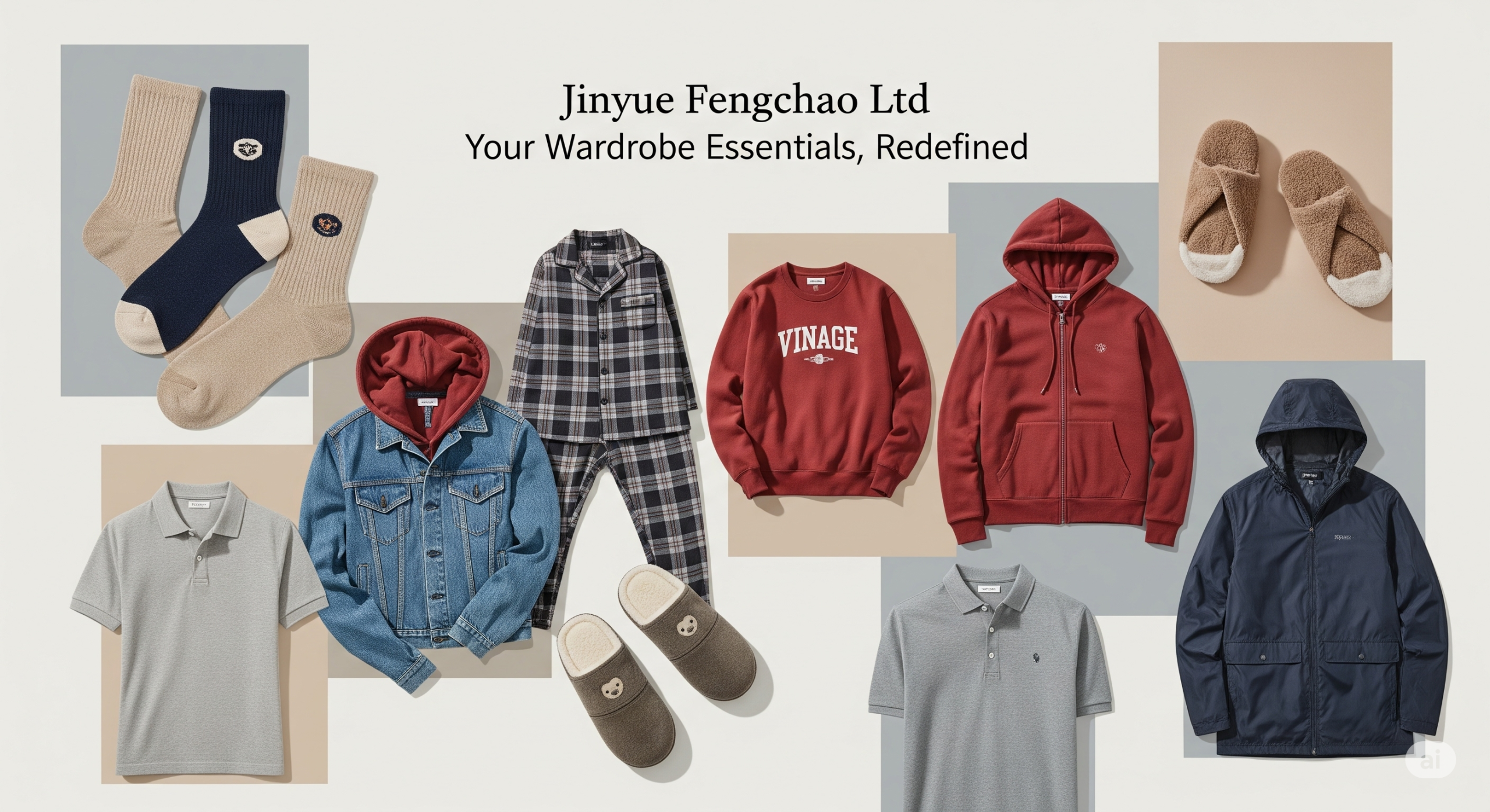 Banner advertising Jinyue Fengchao Ltd with the tagline "Your Wardrobe Essentials, Redefined" and featuring essential clothing items such as red hoodies, jackets, pajama sets, polo shirts, and socks.