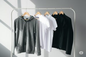 An organized clothing rack with minimalist unisex capsule wardrobe essentials like a hoodie, polo shirt, and jacket.